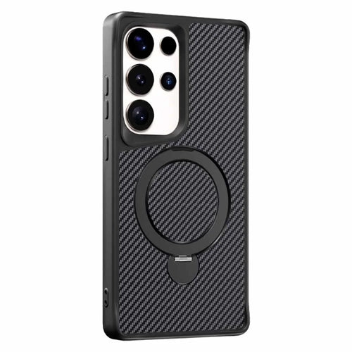 For Samsung Galaxy S26 Ultra Phone Case with Magnetic Kickstand TPU + PC Carbon Fiber Back Cover Support Wireless Charging - Black - 1