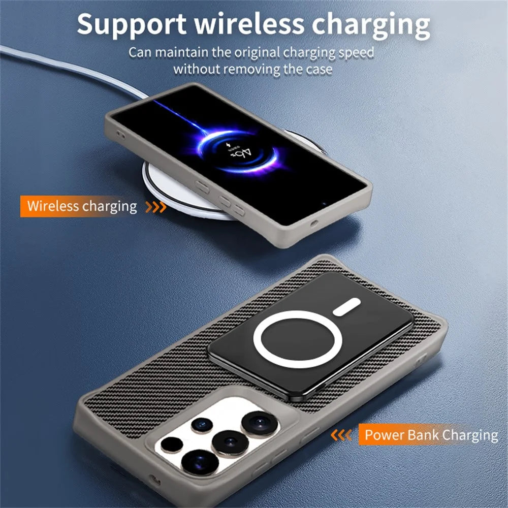 For Samsung Galaxy S26 Ultra Phone Case with Magnetic Kickstand TPU + PC Carbon Fiber Back Cover Support Wireless Charging - Black - 3