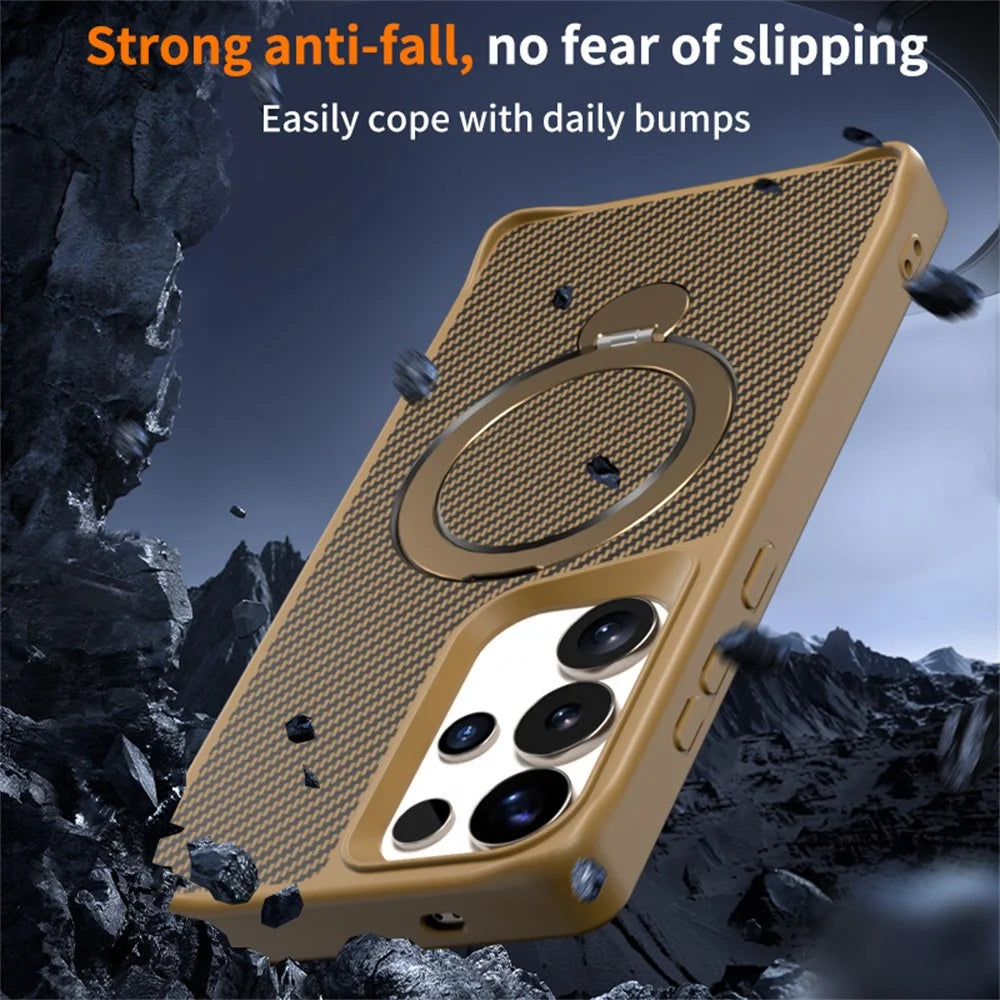 For Samsung Galaxy S26 Ultra Phone Case with Magnetic Kickstand TPU + PC Carbon Fiber Back Cover Support Wireless Charging - Black - 5