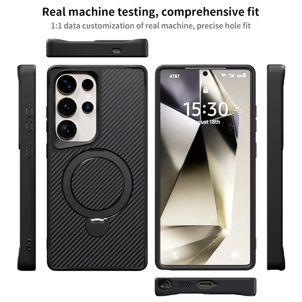 For Samsung Galaxy S26 Ultra Phone Case with Magnetic Kickstand TPU + PC Carbon Fiber Back Cover Support Wireless Charging - Black - 6