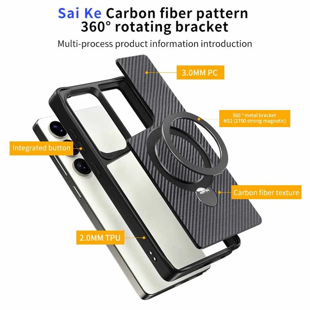 For Samsung Galaxy S26 Ultra Phone Case with Magnetic Kickstand TPU + PC Carbon Fiber Back Cover Support Wireless Charging - Black - 7