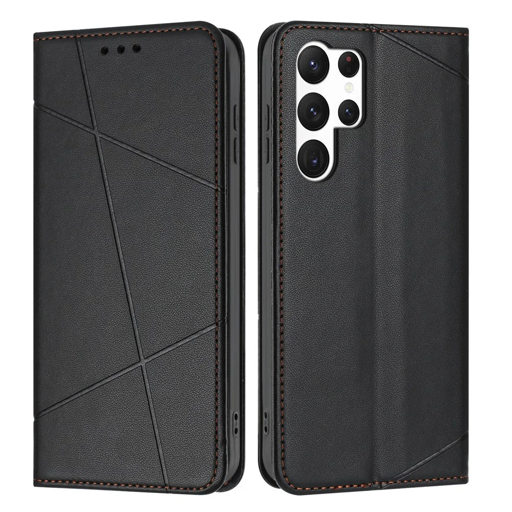 For Samsung Galaxy S26 Ultra Wallet Case Line Imprinted Leather Stand Phone Cover with Wrist Strap - Black - 1