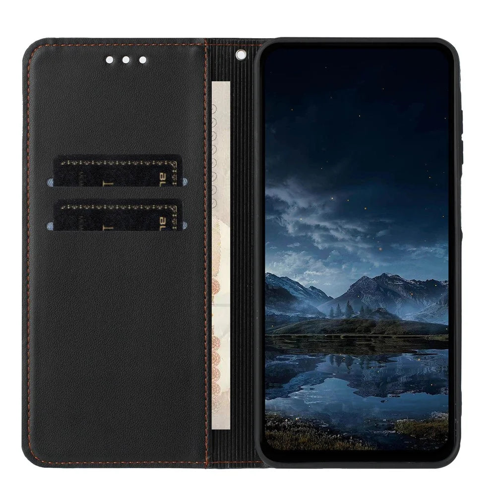 For Samsung Galaxy S26 Ultra Wallet Case Line Imprinted Leather Stand Phone Cover with Wrist Strap - Black - 3