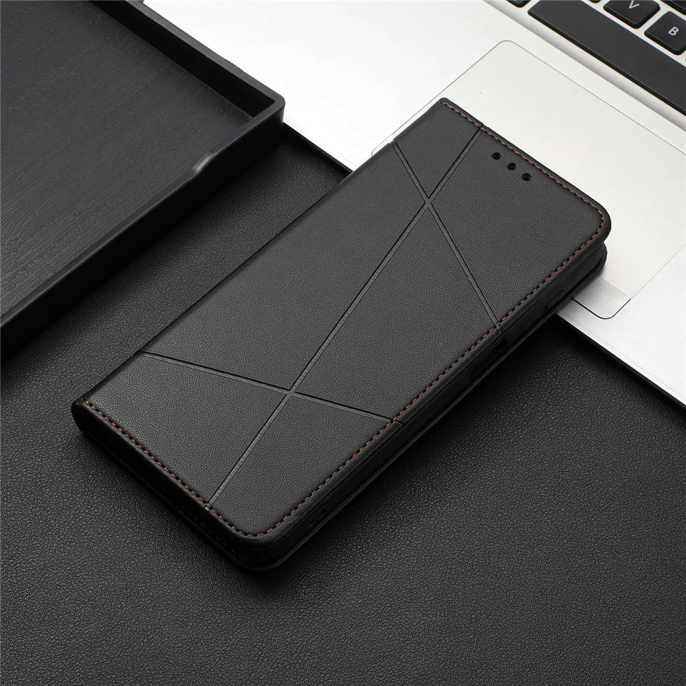 For Samsung Galaxy S26 Ultra Wallet Case Line Imprinted Leather Stand Phone Cover with Wrist Strap - Black - 6