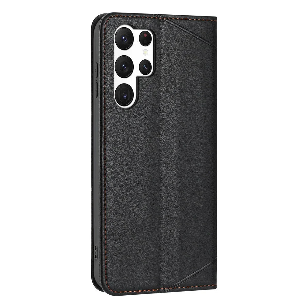 For Samsung Galaxy S26 Ultra Wallet Case Line Imprinted Leather Stand Phone Cover with Wrist Strap - Black - 7