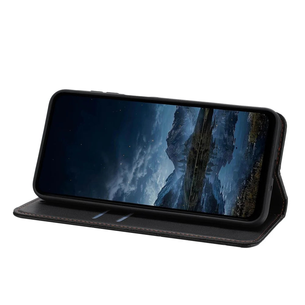 For Samsung Galaxy S26+ Wallet Case Line Imprinted Leather Stand Phone Cover with Wrist Strap - Black - 2