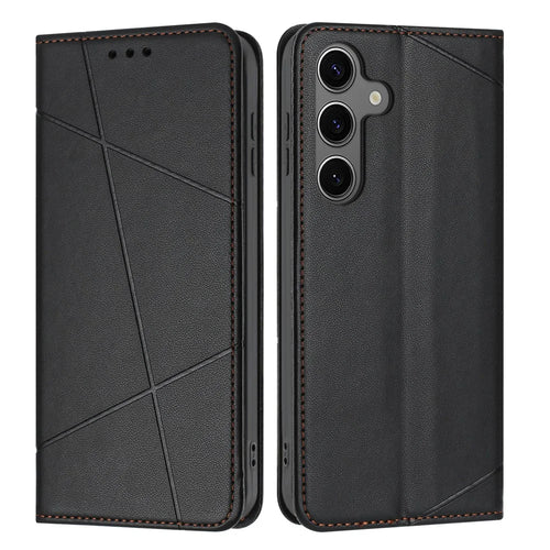 For Samsung Galaxy S26 Wallet Case Line Imprinted Leather Stand Phone Cover with Wrist Strap - Black - 1