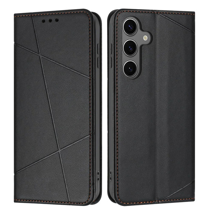 For Samsung Galaxy S26 Wallet Case Line Imprinted Leather Stand Phone Cover with Wrist Strap - Black - 1