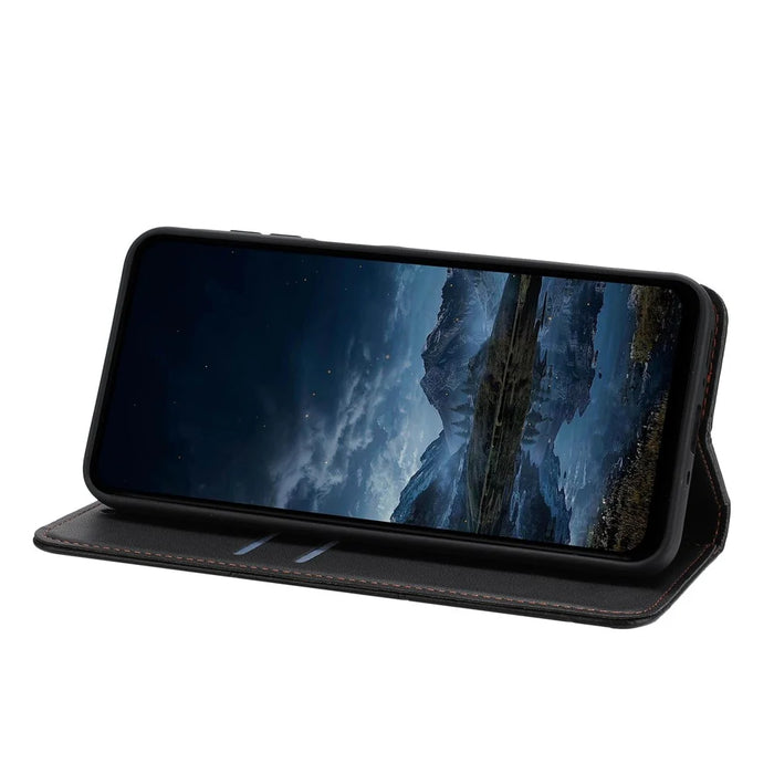 For Samsung Galaxy S26 Wallet Case Line Imprinted Leather Stand Phone Cover with Wrist Strap - Black - 2