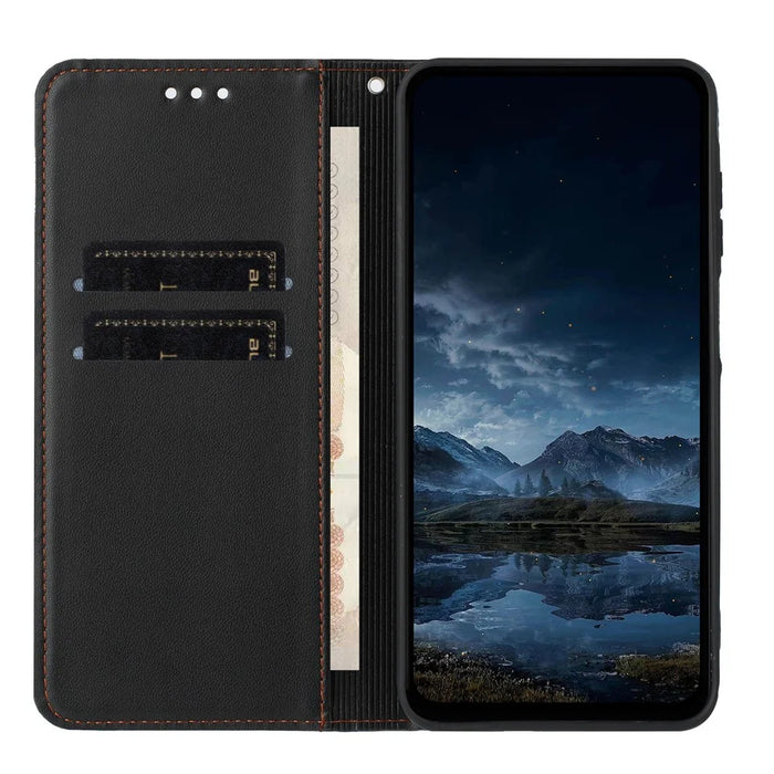 For Samsung Galaxy S26 Wallet Case Line Imprinted Leather Stand Phone Cover with Wrist Strap - Black - 3
