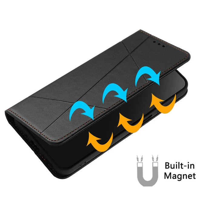 For Samsung Galaxy S26 Wallet Case Line Imprinted Leather Stand Phone Cover with Wrist Strap - Black - 5