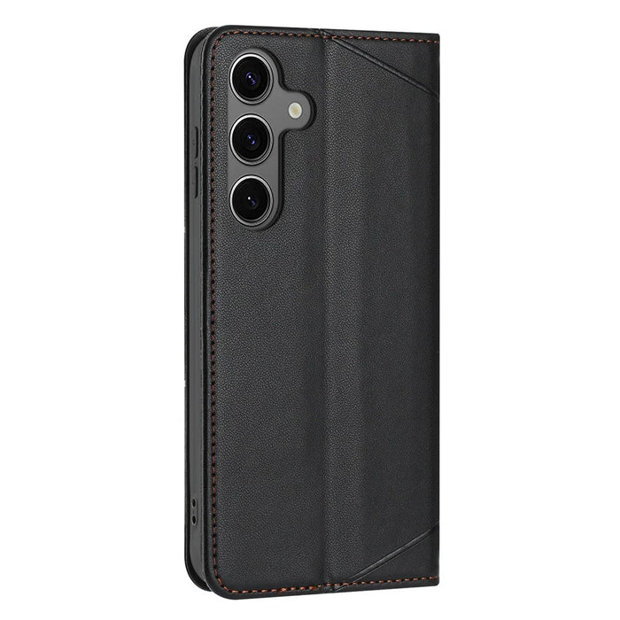 For Samsung Galaxy S26 Wallet Case Line Imprinted Leather Stand Phone Cover with Wrist Strap - Black - 7