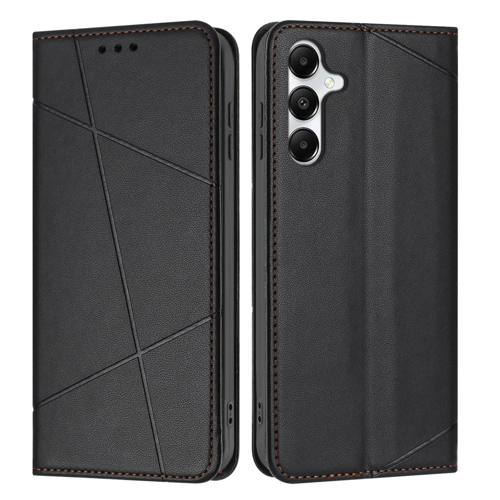 For Samsung Galaxy A57 5G Wallet Case Line Imprinted Leather Stand Phone Cover with Wrist Strap - Black - 1