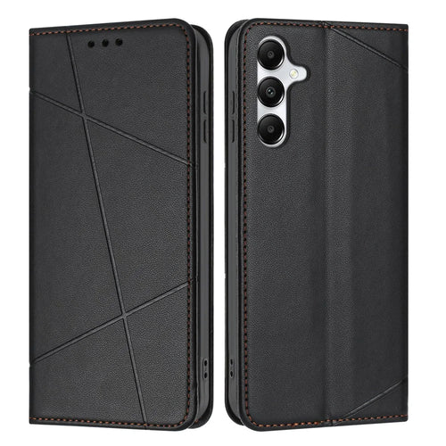 For Samsung Galaxy A57 5G Wallet Case Line Imprinted Leather Stand Phone Cover with Wrist Strap - Black - 1