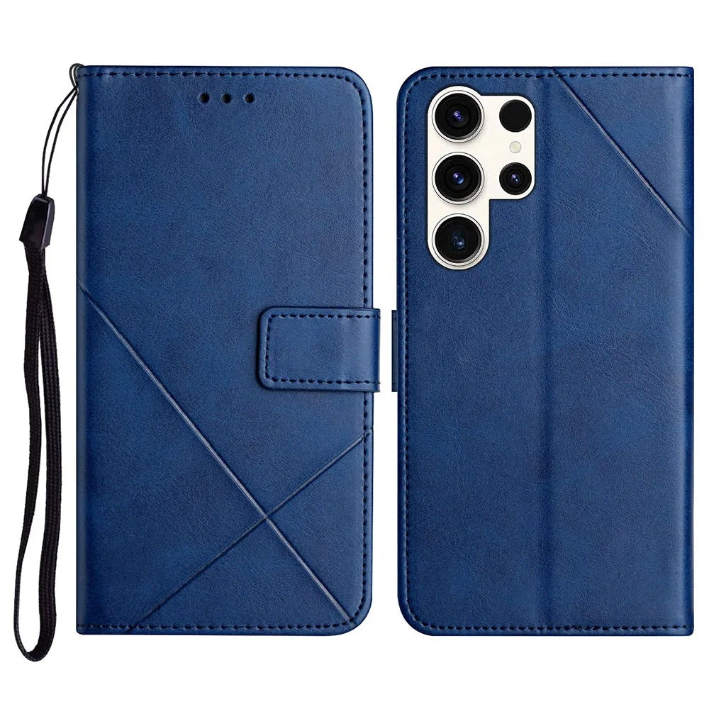 For Samsung Galaxy S26 Ultra Case Line Pattern Wallet Leather Phone Cover with Wrist Strap - Blue - 1