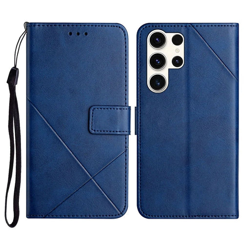For Samsung Galaxy S26 Ultra Case Line Pattern Wallet Leather Phone Cover with Wrist Strap - Blue - 1