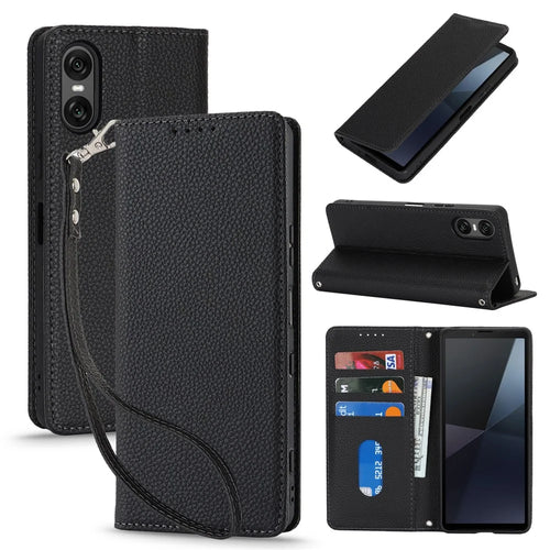 For Sony Xperia 10 VI Case Stand Wallet Litchi Texture Leather Flip Phone Cover with Strap - Black - 1