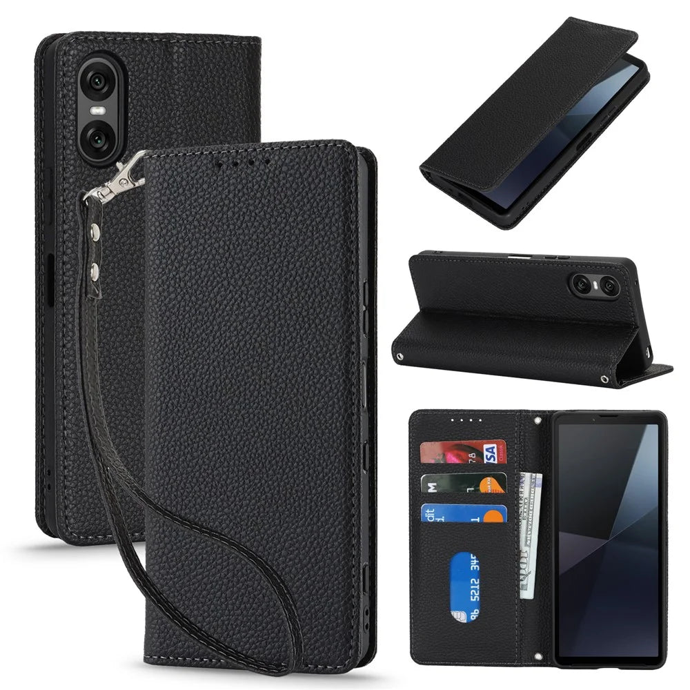 For Sony Xperia 10 VI Case Stand Wallet Litchi Texture Leather Flip Phone Cover with Strap - Black - 1