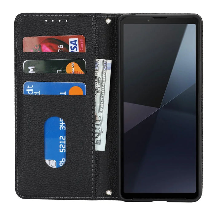 For Sony Xperia 10 VI Case Stand Wallet Litchi Texture Leather Flip Phone Cover with Strap - Black - 2