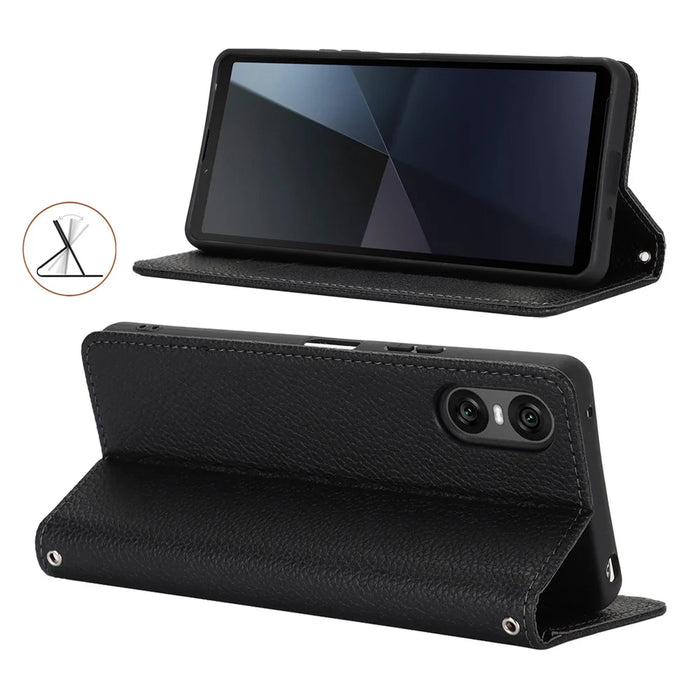 For Sony Xperia 10 VI Case Stand Wallet Litchi Texture Leather Flip Phone Cover with Strap - Black - 3