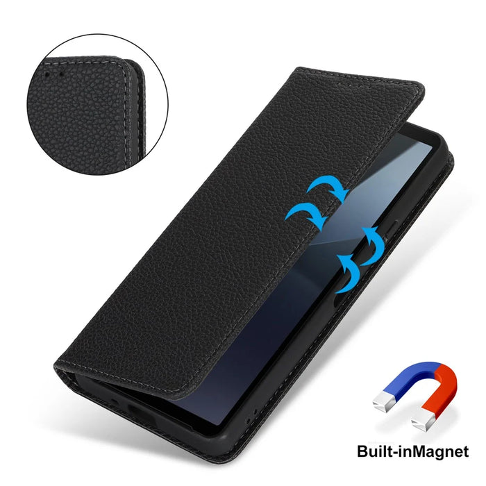For Sony Xperia 10 VI Case Stand Wallet Litchi Texture Leather Flip Phone Cover with Strap - Black - 5
