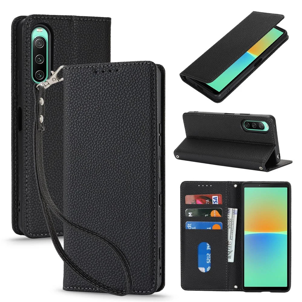 For Sony Xperia 10 IV 5G Case Stand Wallet Litchi Texture Leather Flip Phone Cover with Strap - Black - 1