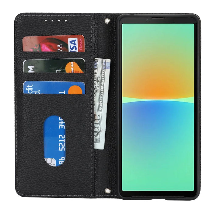 For Sony Xperia 10 IV 5G Case Stand Wallet Litchi Texture Leather Flip Phone Cover with Strap - Black - 2