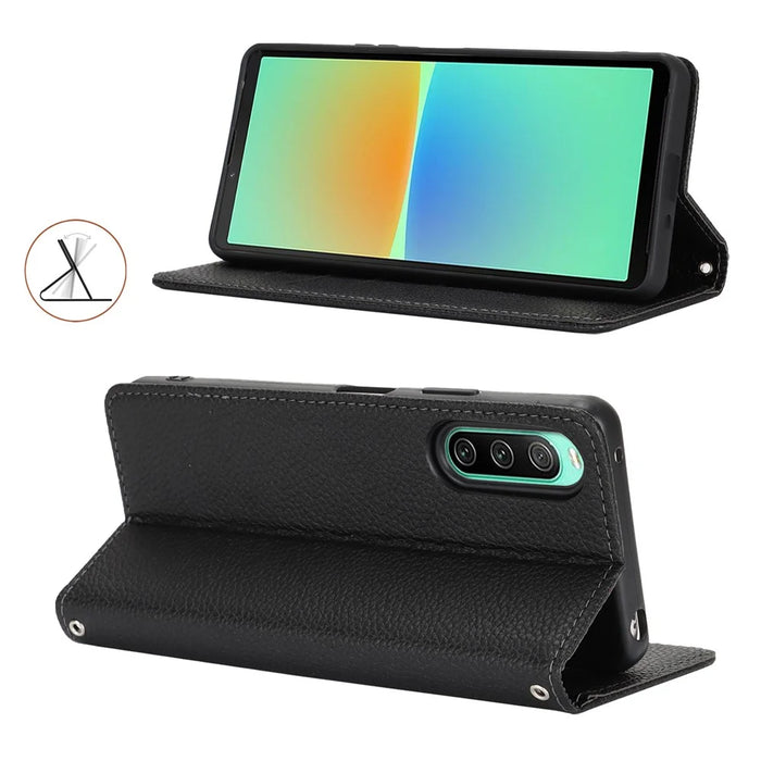 For Sony Xperia 10 IV 5G Case Stand Wallet Litchi Texture Leather Flip Phone Cover with Strap - Black - 3