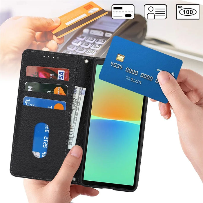 For Sony Xperia 10 IV 5G Case Stand Wallet Litchi Texture Leather Flip Phone Cover with Strap - Black - 4