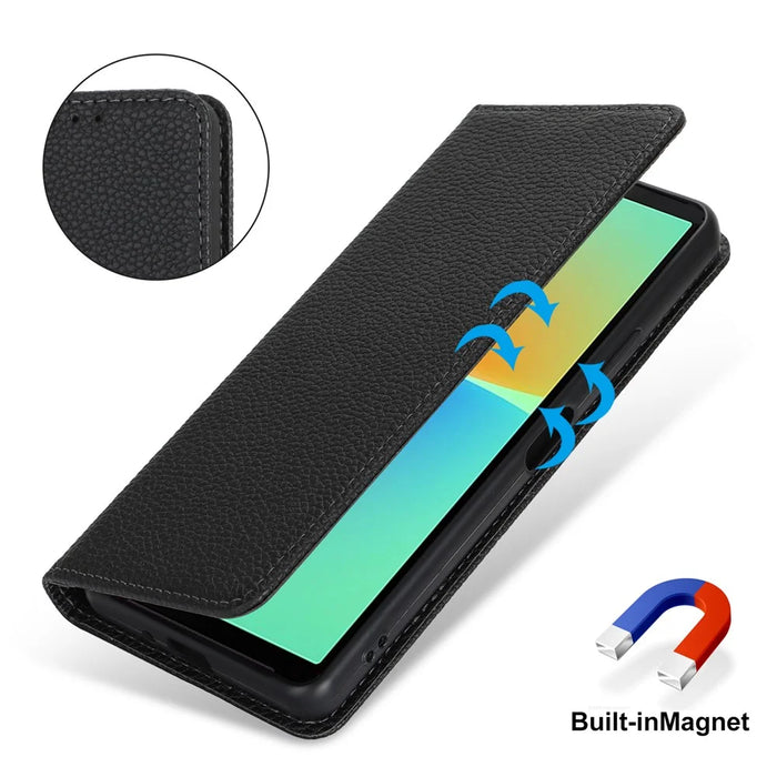 For Sony Xperia 10 IV 5G Case Stand Wallet Litchi Texture Leather Flip Phone Cover with Strap - Black - 5