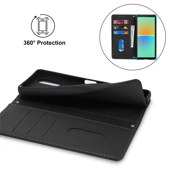 For Sony Xperia 10 IV 5G Case Stand Wallet Litchi Texture Leather Flip Phone Cover with Strap - Black - 6