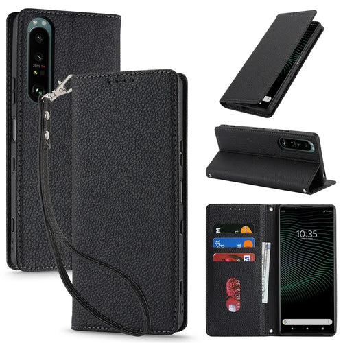 For Sony Xperia 1 IV 5G Case Stand Wallet Litchi Texture Leather Flip Phone Cover with Strap - Black - 1