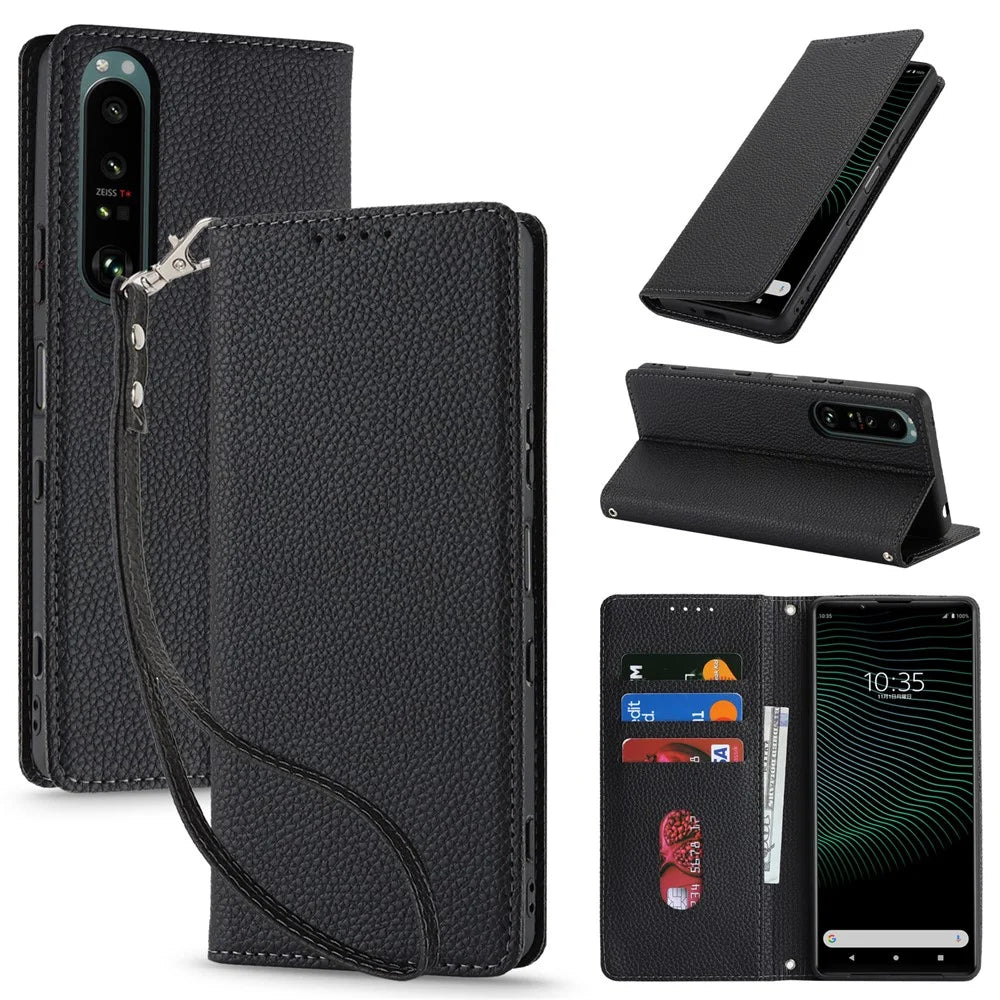 For Sony Xperia 1 IV 5G Case Stand Wallet Litchi Texture Leather Flip Phone Cover with Strap - Black - 1