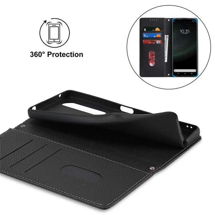 For Sony Xperia 1 IV 5G Case Stand Wallet Litchi Texture Leather Flip Phone Cover with Strap - Black - 6