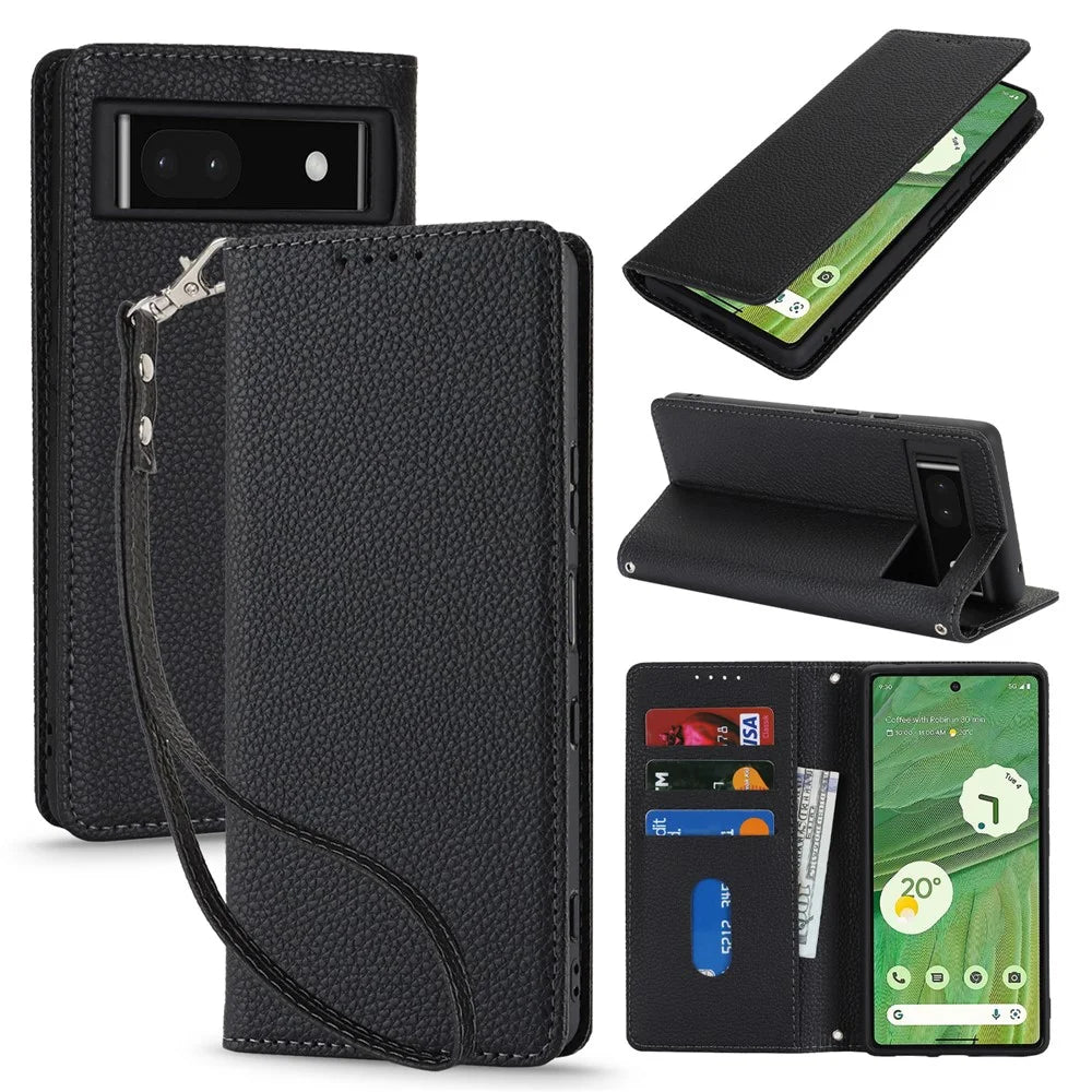 For Google Pixel 7 5G Case Stand Wallet Litchi Texture Leather Flip Phone Cover with Strap - Black - 1