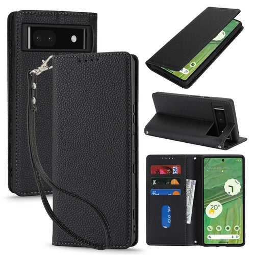 For Google Pixel 7 5G Case Stand Wallet Litchi Texture Leather Flip Phone Cover with Strap - Black - 1