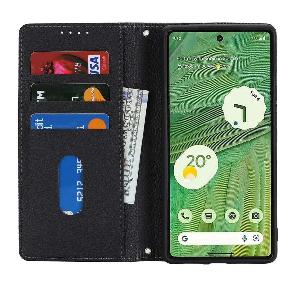 For Google Pixel 7 5G Case Stand Wallet Litchi Texture Leather Flip Phone Cover with Strap - Black - 2