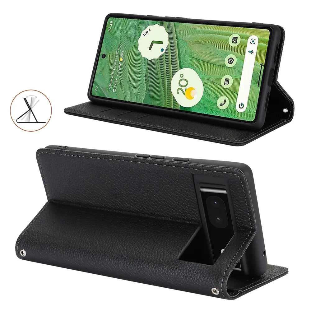 For Google Pixel 7 5G Case Stand Wallet Litchi Texture Leather Flip Phone Cover with Strap - Black - 3