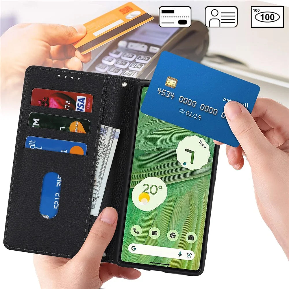 For Google Pixel 7 5G Case Stand Wallet Litchi Texture Leather Flip Phone Cover with Strap - Black - 4