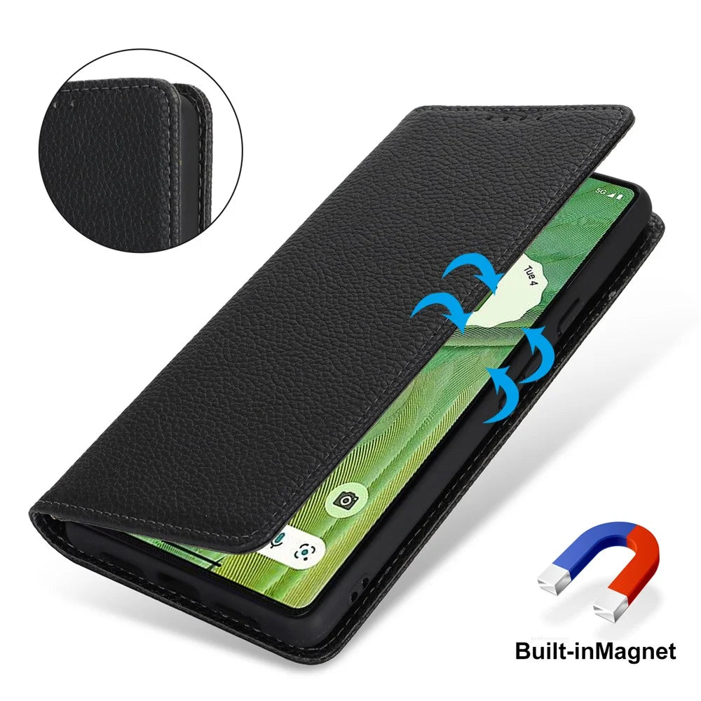 For Google Pixel 7 5G Case Stand Wallet Litchi Texture Leather Flip Phone Cover with Strap - Black - 5