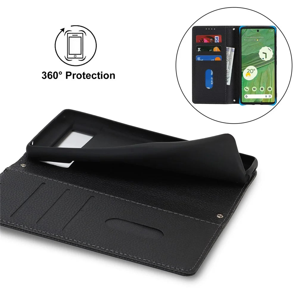For Google Pixel 7 5G Case Stand Wallet Litchi Texture Leather Flip Phone Cover with Strap - Black - 6