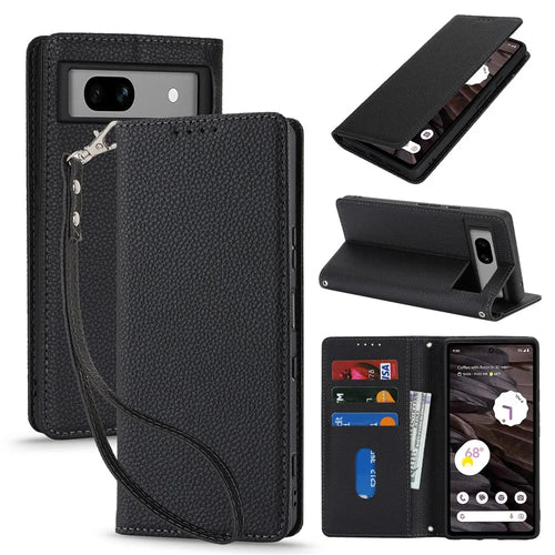 For Google Pixel 7a Case Stand Wallet Litchi Texture Leather Flip Phone Cover with Strap - Black - 1