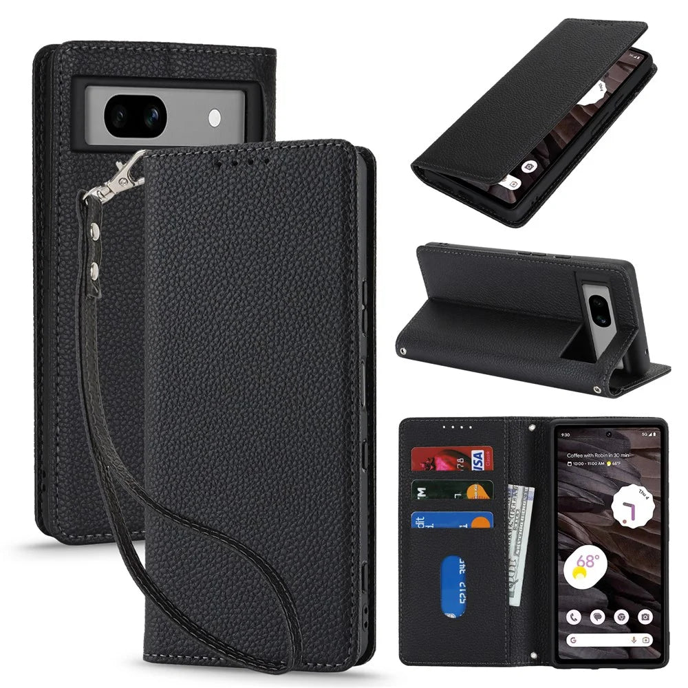 For Google Pixel 7a Case Stand Wallet Litchi Texture Leather Flip Phone Cover with Strap - Black - 1