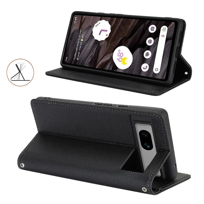 For Google Pixel 7a Case Stand Wallet Litchi Texture Leather Flip Phone Cover with Strap - Black - 3