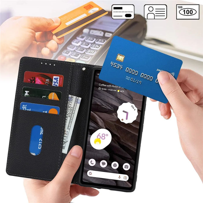 For Google Pixel 7a Case Stand Wallet Litchi Texture Leather Flip Phone Cover with Strap - Black - 4