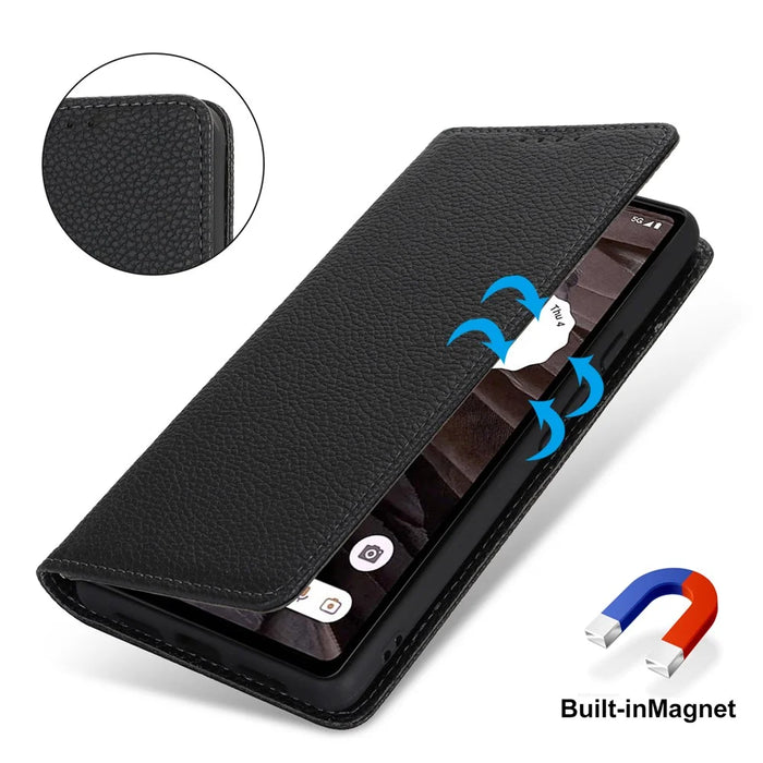 For Google Pixel 7a Case Stand Wallet Litchi Texture Leather Flip Phone Cover with Strap - Black - 5