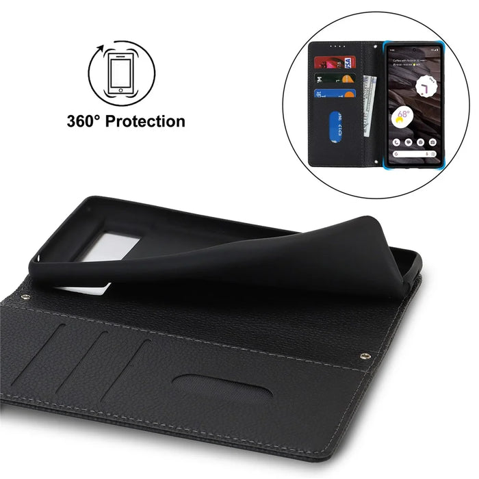 For Google Pixel 7a Case Stand Wallet Litchi Texture Leather Flip Phone Cover with Strap - Black - 6