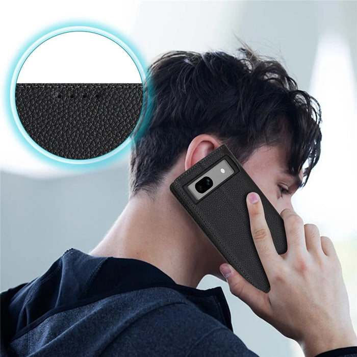 For Google Pixel 7a Case Stand Wallet Litchi Texture Leather Flip Phone Cover with Strap - Black - 7