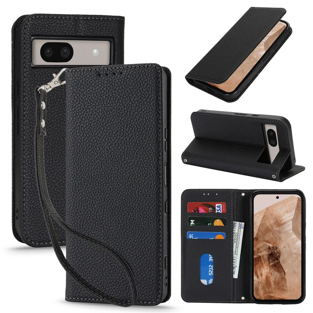 For Google Pixel 8a Case Stand Wallet Litchi Texture Leather Flip Phone Cover with Strap - Black - 1