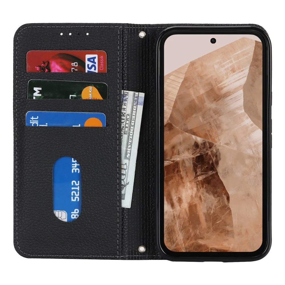 For Google Pixel 8a Case Stand Wallet Litchi Texture Leather Flip Phone Cover with Strap - Black - 2